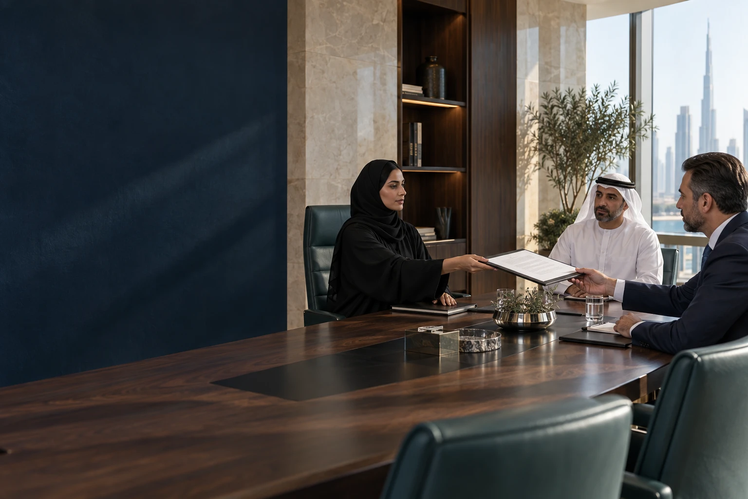 Illustrative GCC boardroom scene showing an executive entrusting a document to a colleague.