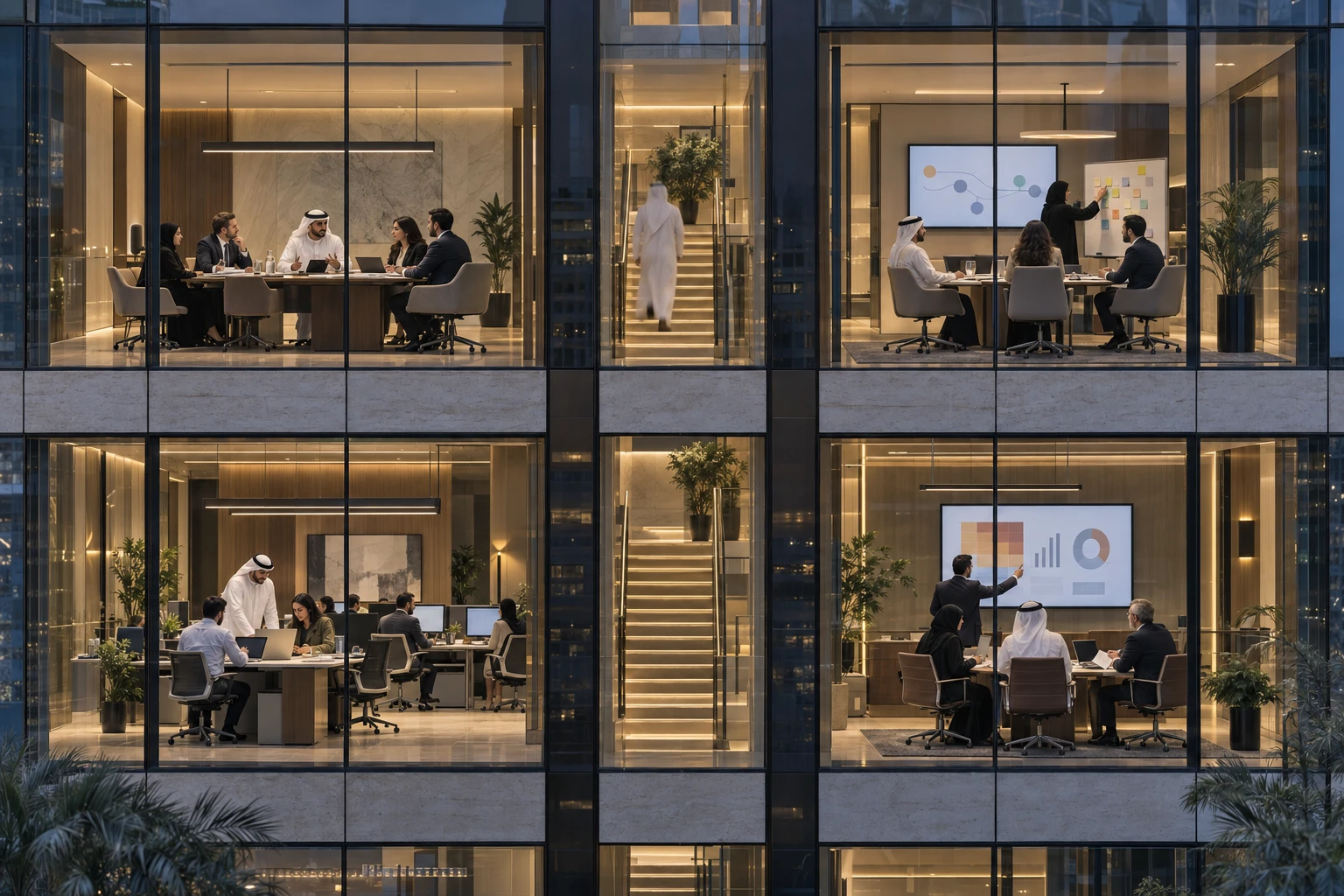 Illustrative enterprise with an executive review, customer workshop, operations team and assurance review in four rooms linked by a shared staircase.