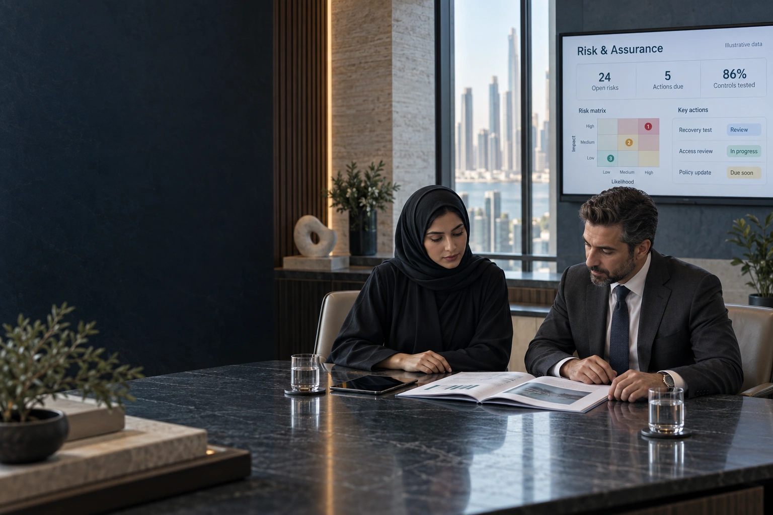 Illustrative risk and control owners reviewing assurance information in a GCC workplace.