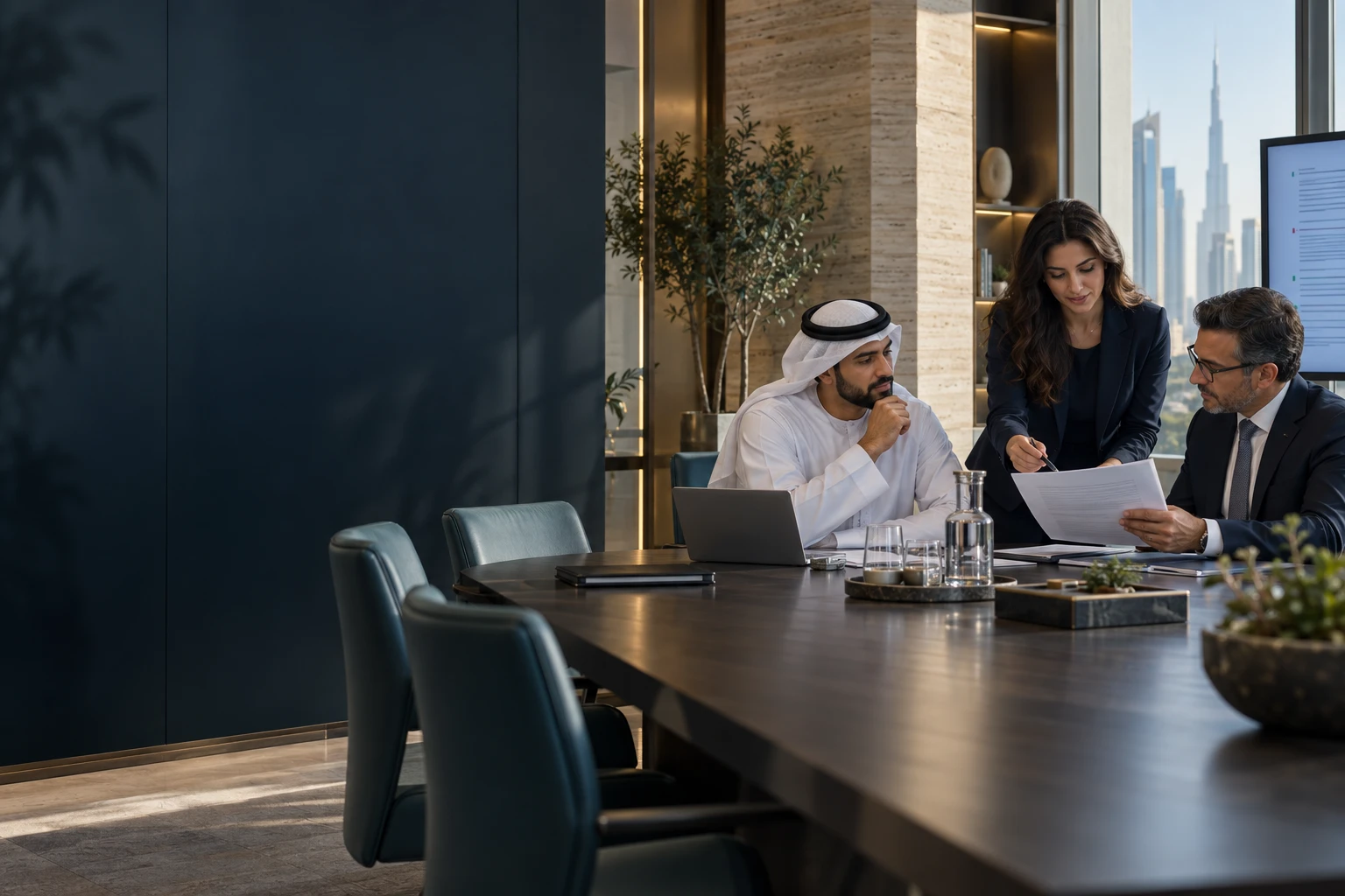 Illustrative policy review meeting in a contemporary GCC boardroom.